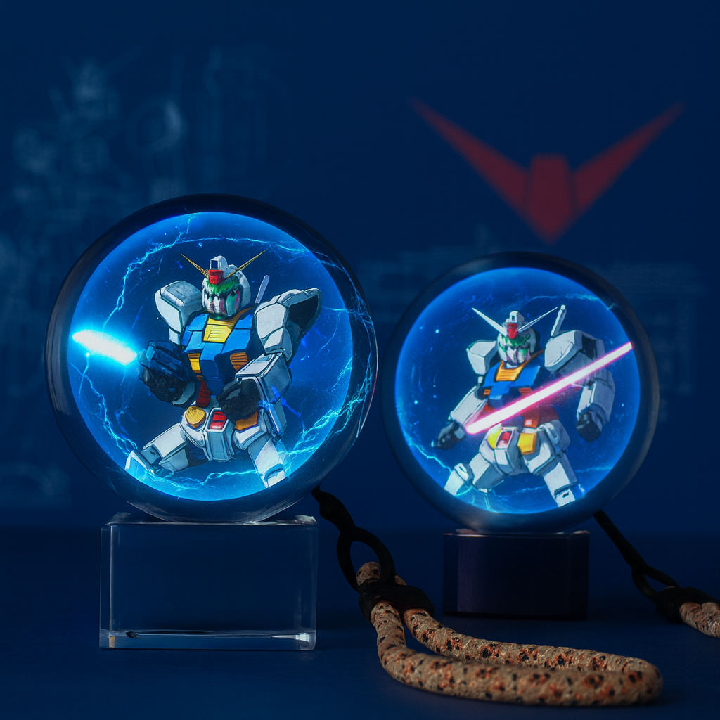 Two robot figurines inside crystal balls with glowing effects on a dark background